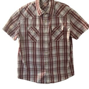 Mosssimo Vtg boys plaid short sleeve part snap button XL